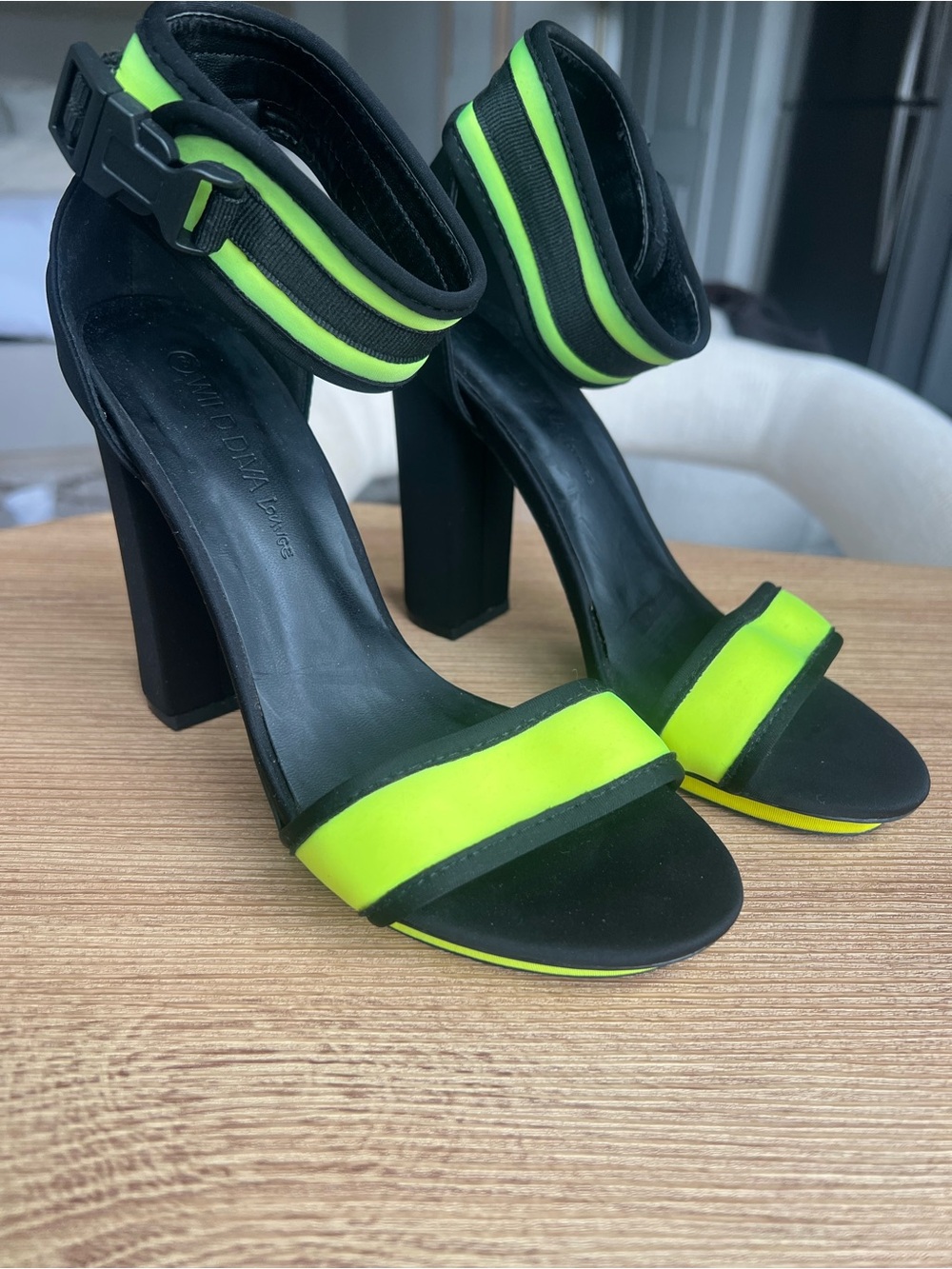 Forever 21 Black and Neon Yellow Block Heel Ankle-Strap Sandals